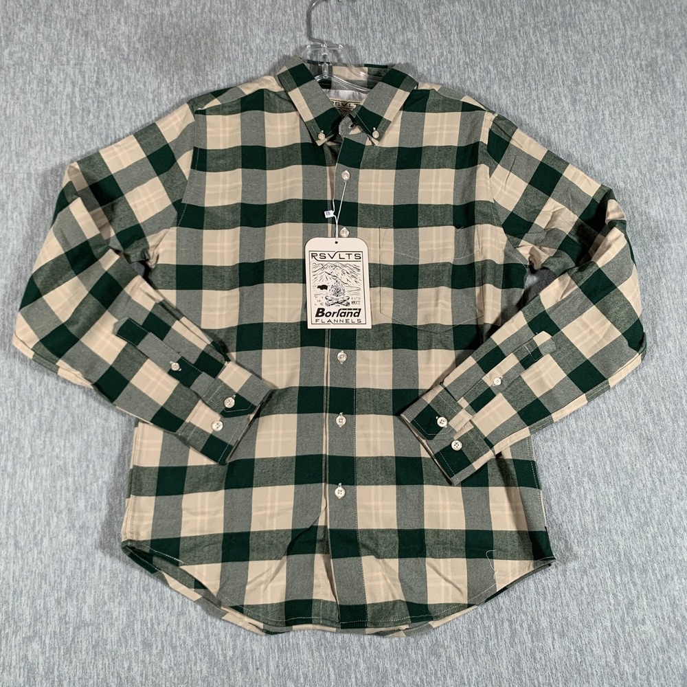 RSVLTS Borland Flannels‎ Shirt Mens XS Green Tan Plaid Button Down Stretch Top